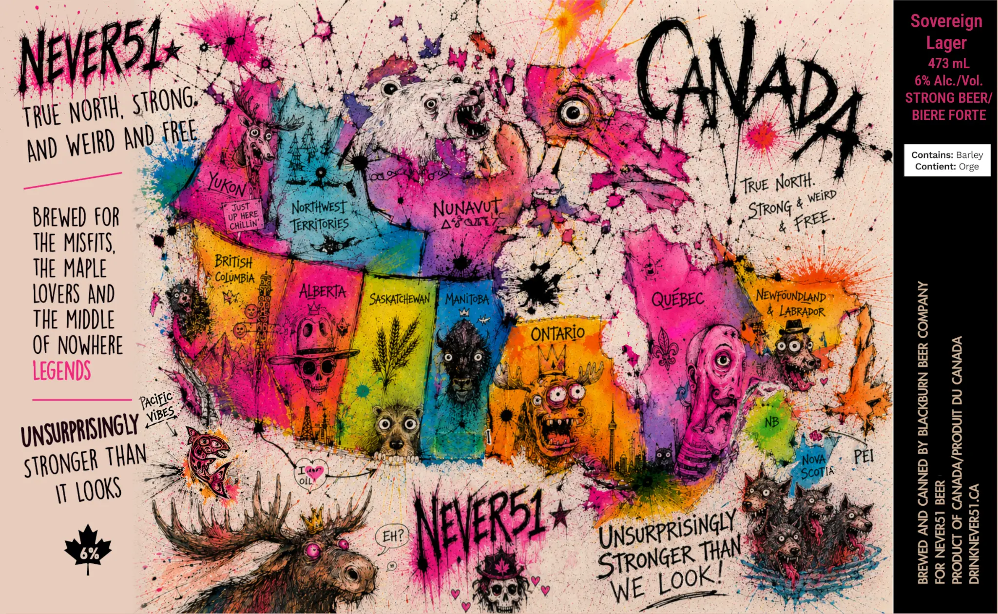 Full illustrated NEVER51 label, with each province and territory portrayed as a colourful character