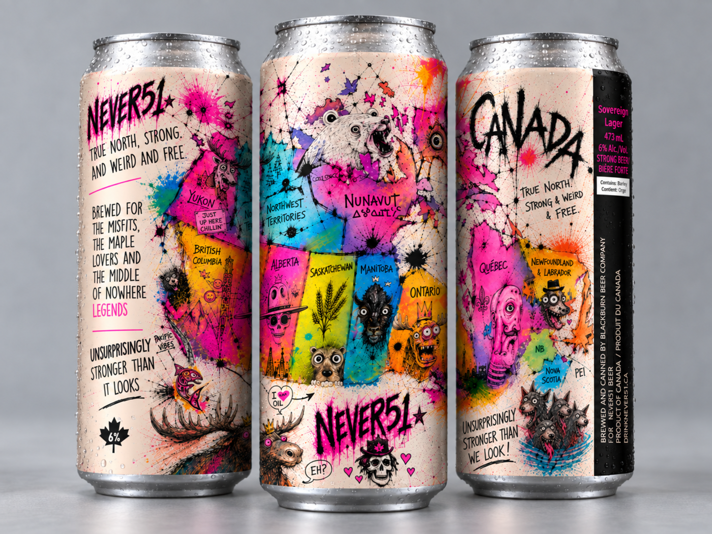 Three chilled cans of Never 51 Sovereign Lager showing the illustrated Canada label